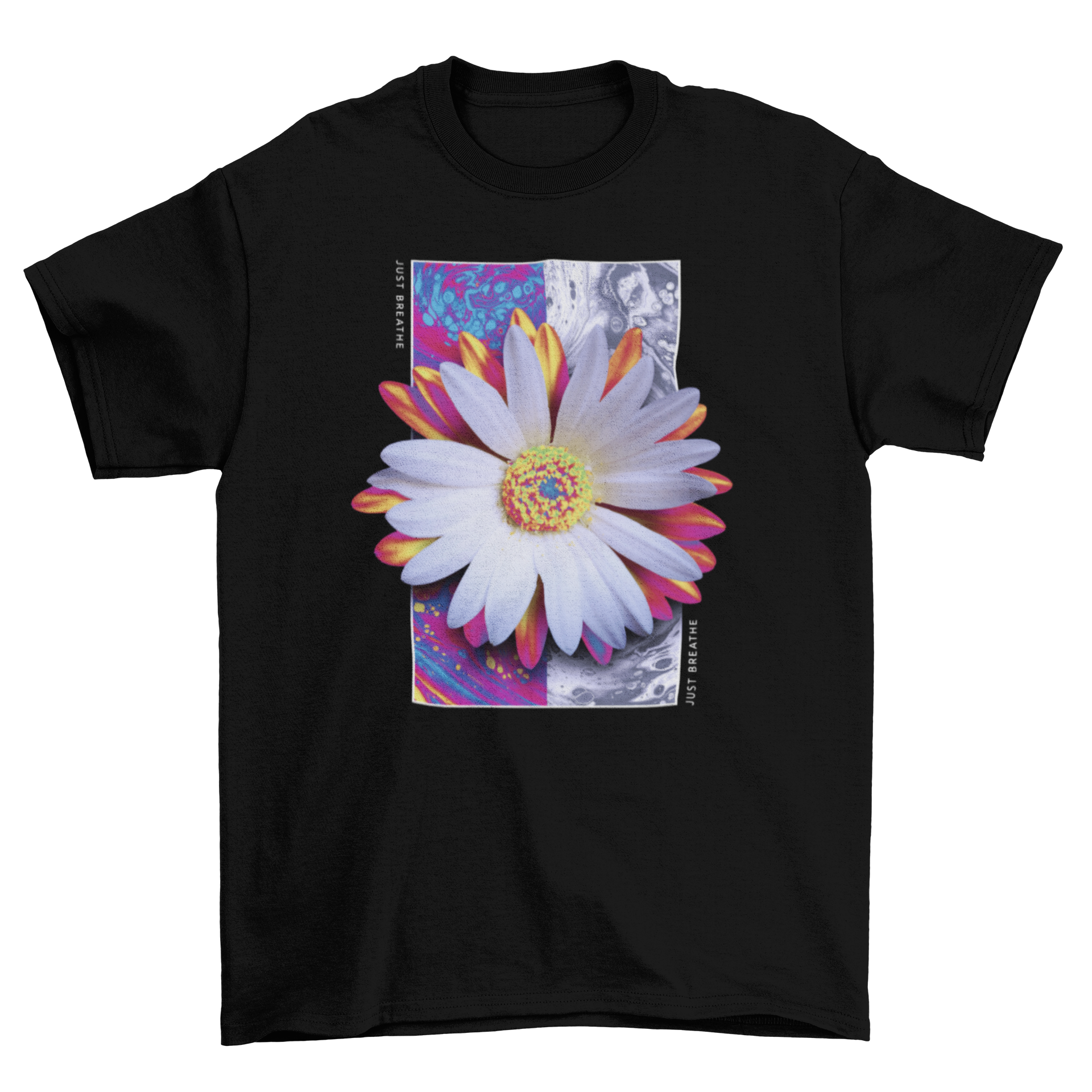 A vibrant t-shirt featuring a holographic lily flower design on a colorful trippy background, showcasing its unique and eye-catching style.