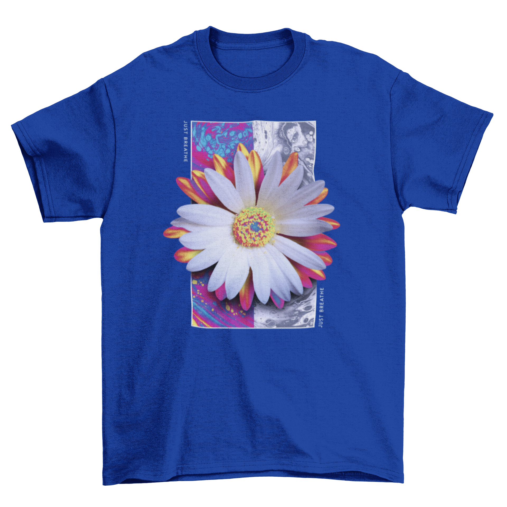 A vibrant t-shirt featuring a holographic lily flower design on a colorful trippy background, showcasing its unique and eye-catching style.