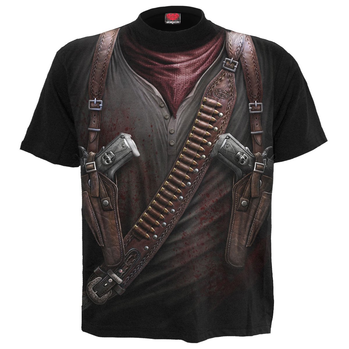 Holster Wrap Allover T-Shirt Black featuring twin pistols and a bowie knife design, made from 100% cotton.