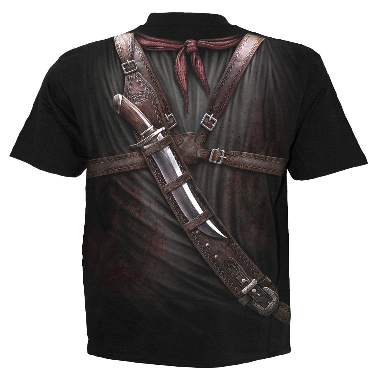 Holster Wrap Allover T-Shirt Black featuring twin pistols and a bowie knife design, made from 100% cotton.