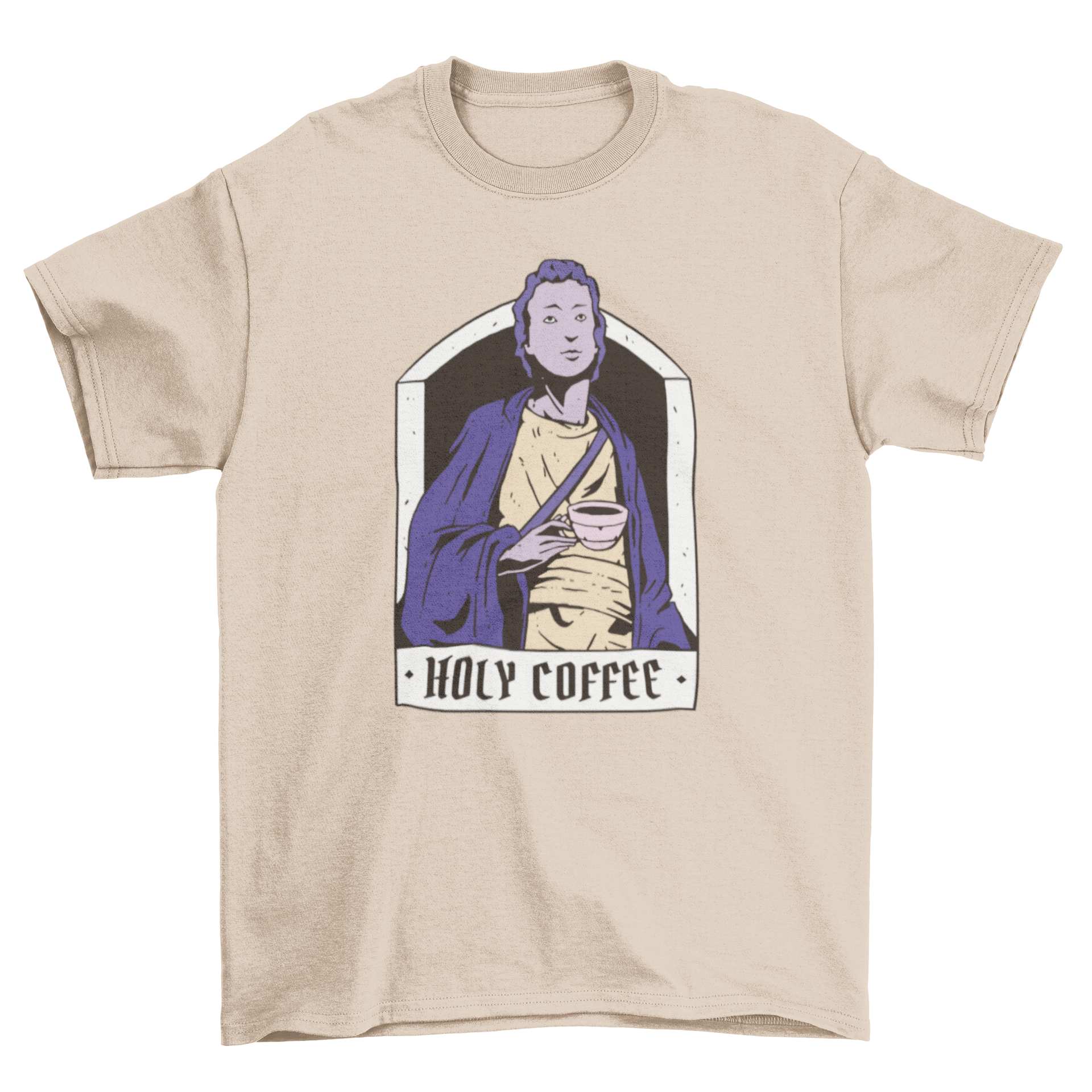 Holy Coffee Saint T-Shirt featuring a saint holding a coffee cup and a quote.