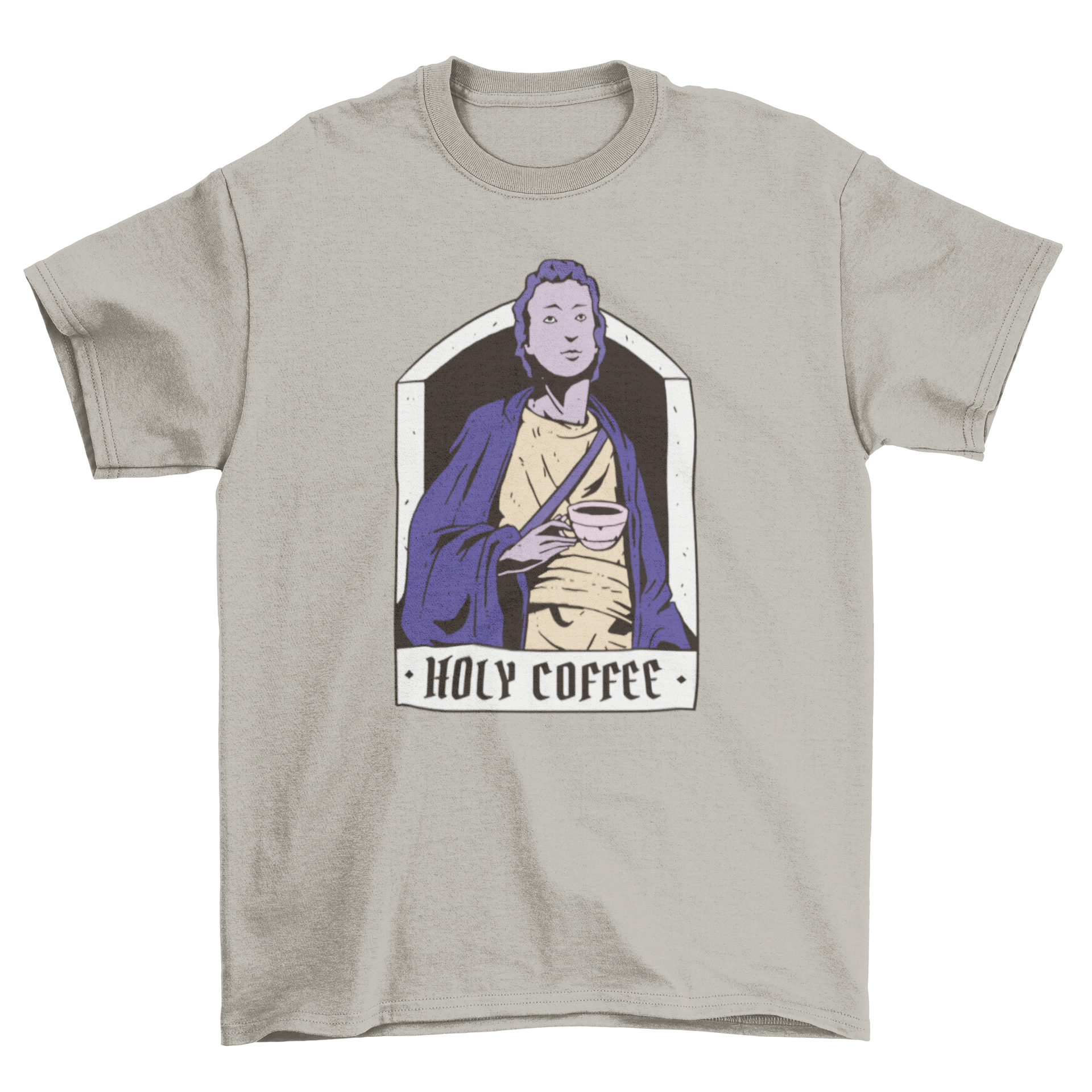 Holy Coffee Saint T-Shirt featuring a saint holding a coffee cup and a quote.