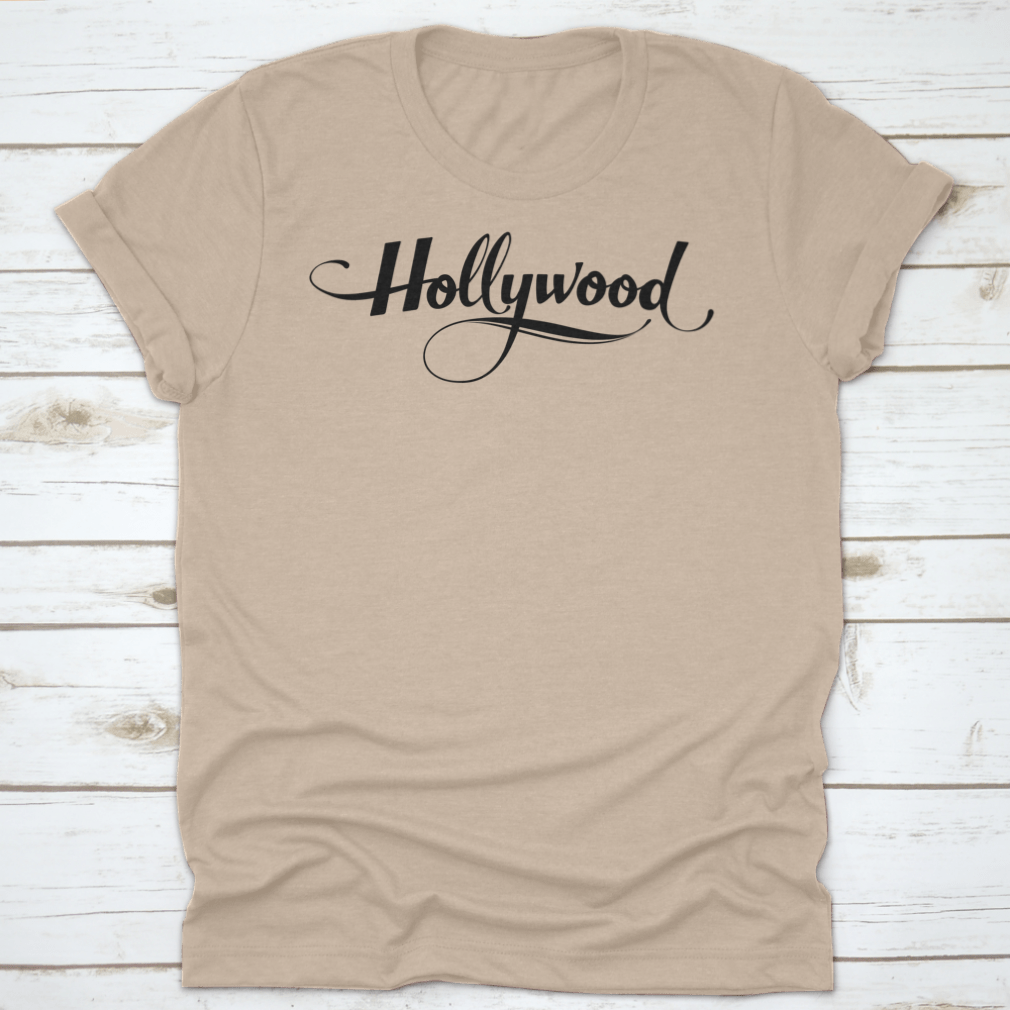 Hollywood Custom Calligraphy Text on a soft cotton fabric, showcasing its stylish design and quality craftsmanship.