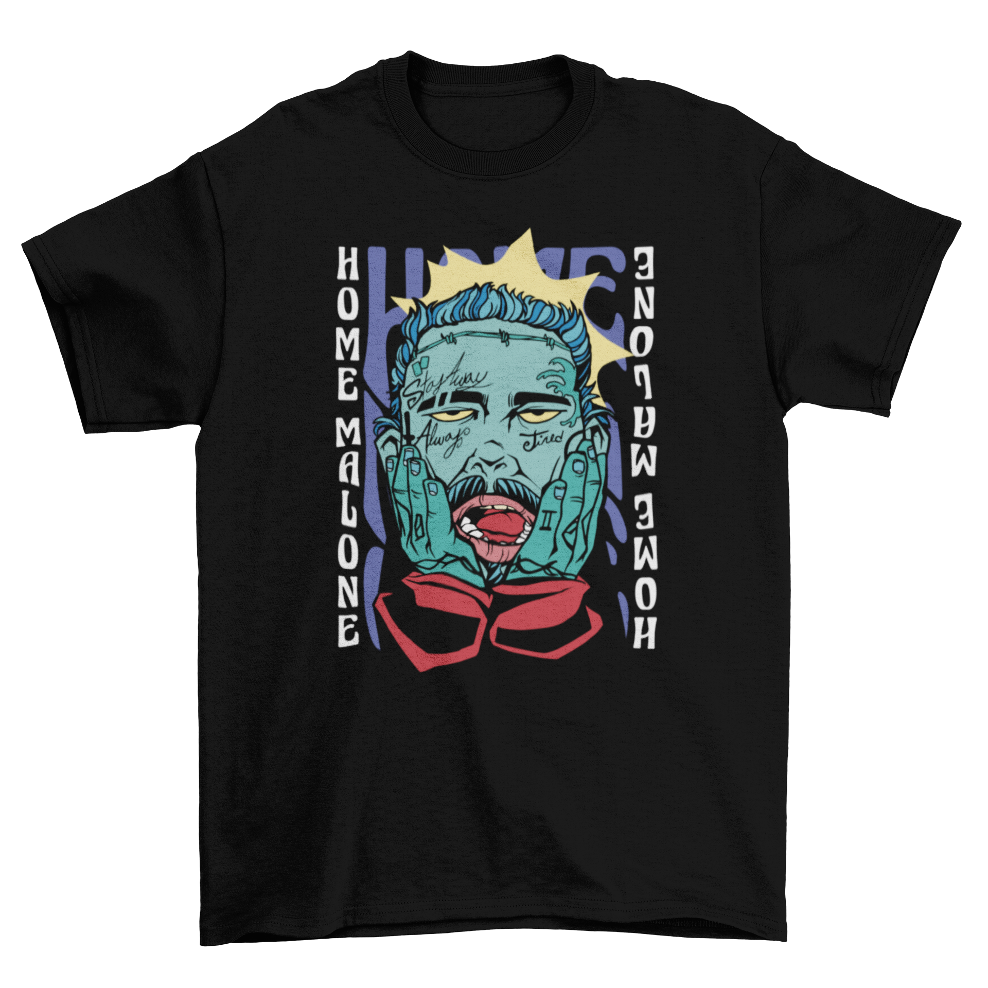 Home Malone funny parody t-shirt featuring a humorous design inspired by Post Malone.