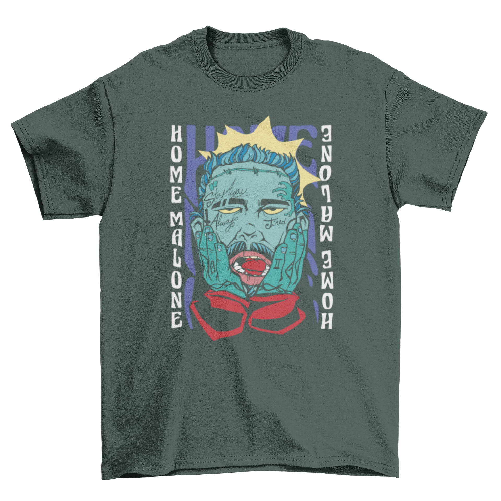 Home Malone funny parody t-shirt featuring a humorous design inspired by Post Malone.