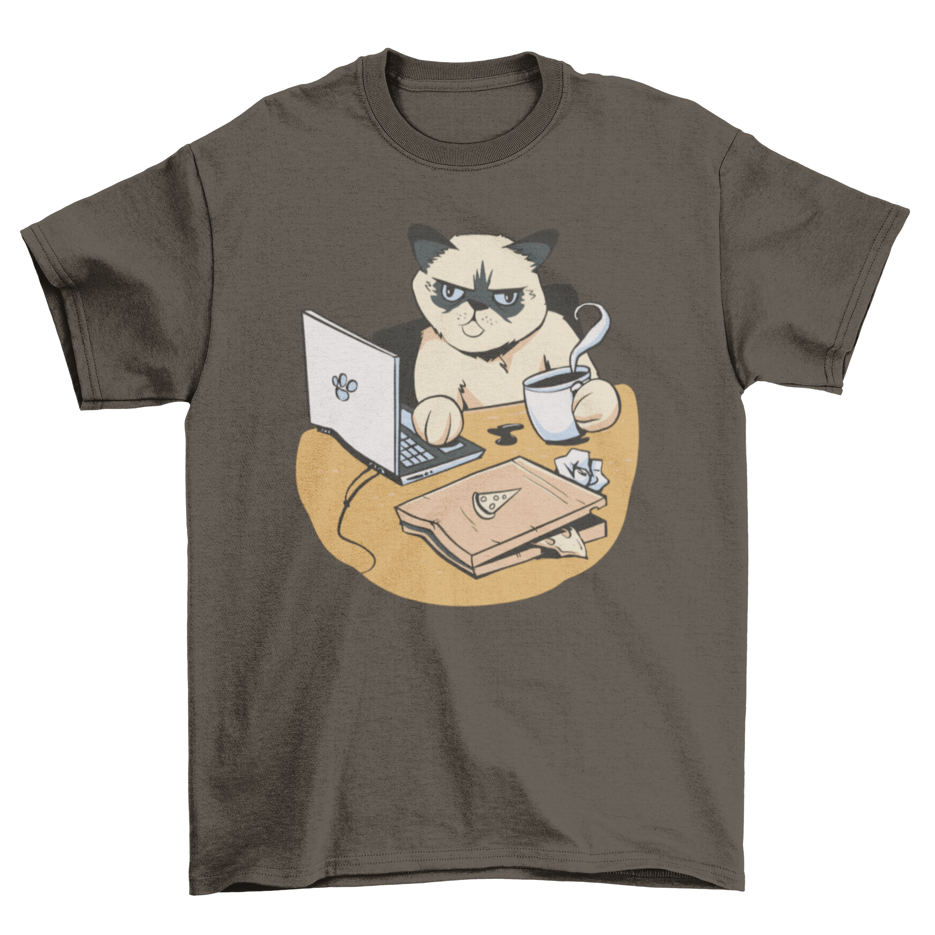 A humorous t-shirt featuring a grumpy cat working from home, perfect for remote workers.