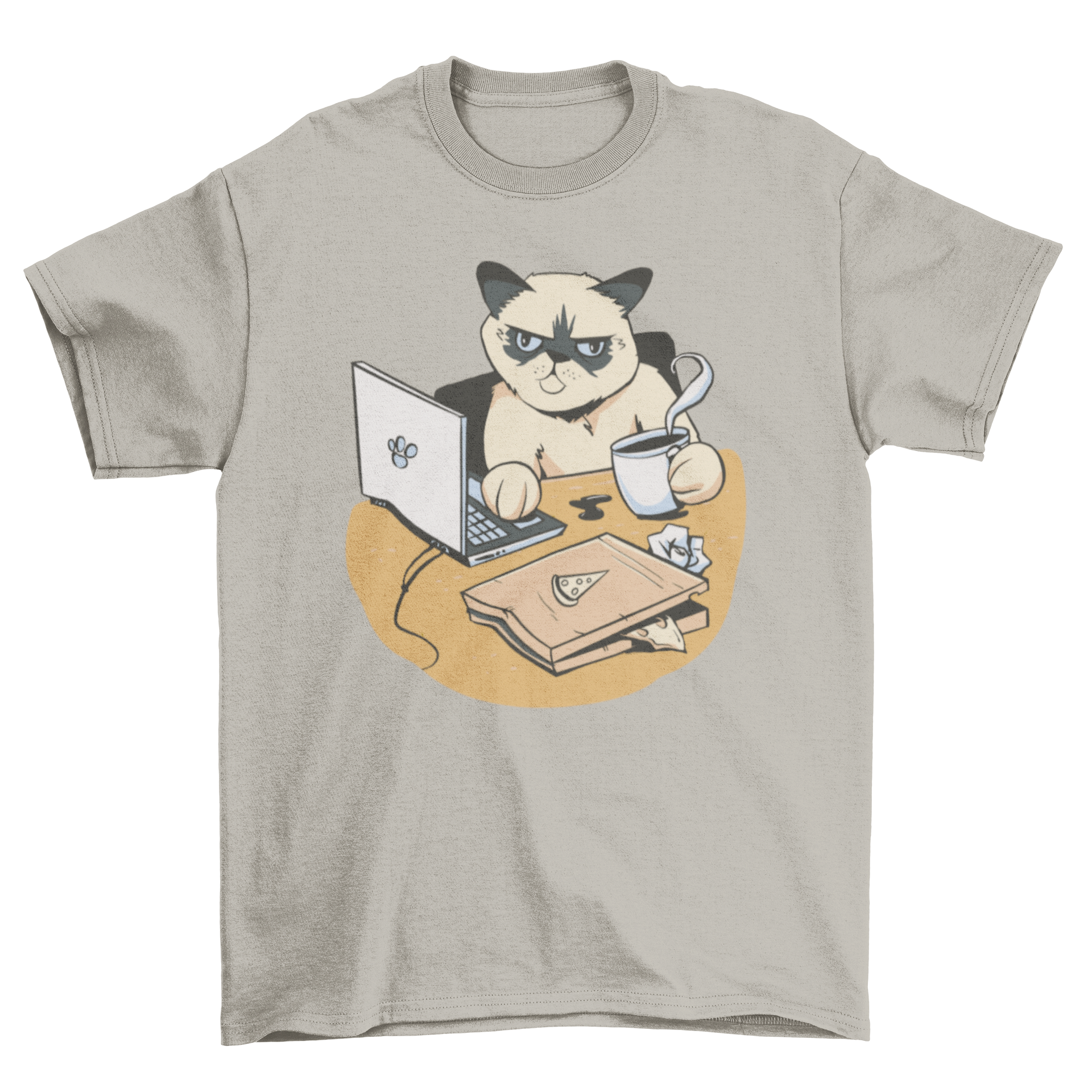 A humorous t-shirt featuring a grumpy cat working from home, perfect for remote workers.