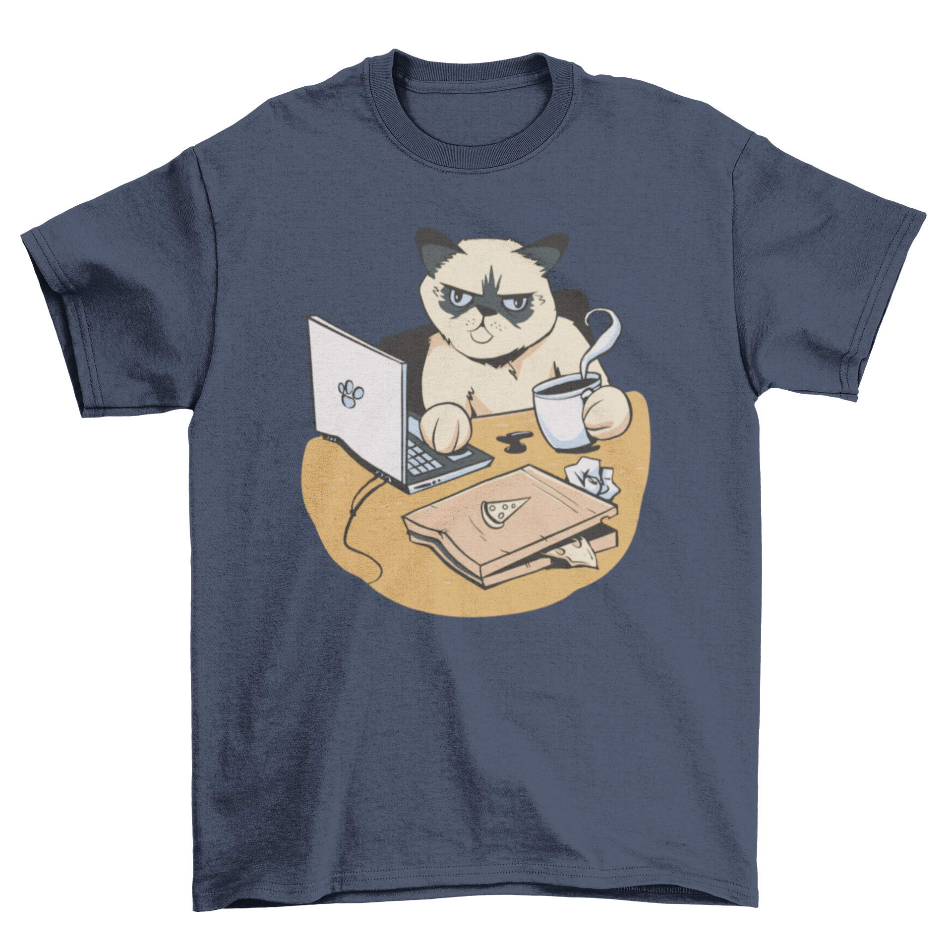 A humorous t-shirt featuring a grumpy cat working from home, perfect for remote workers.