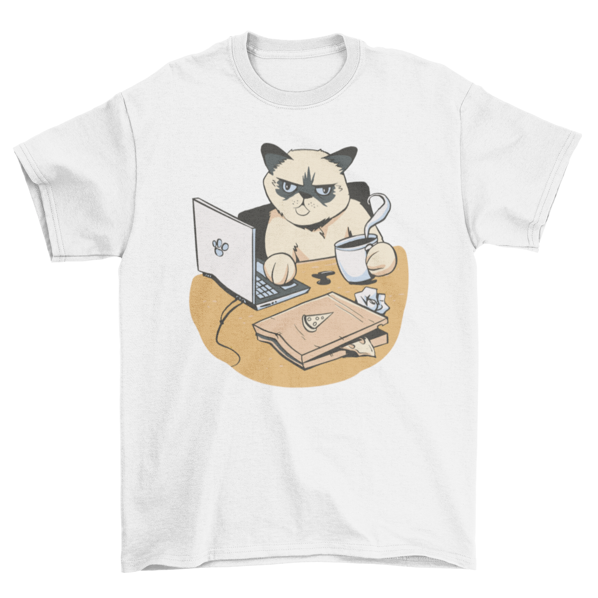 A humorous t-shirt featuring a grumpy cat working from home, perfect for remote workers.