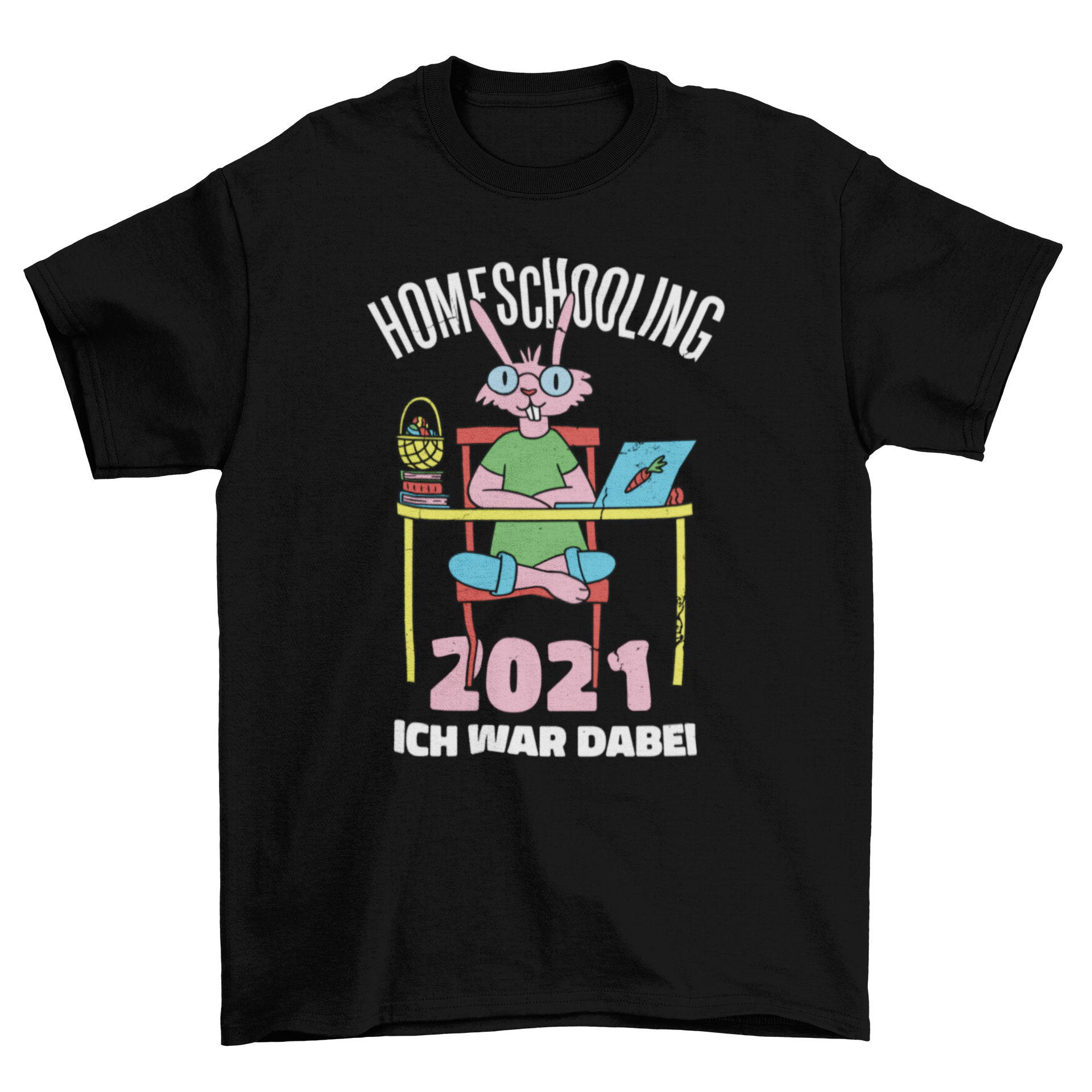 A cute t-shirt featuring a bunny in an online class setting, perfect for kids.