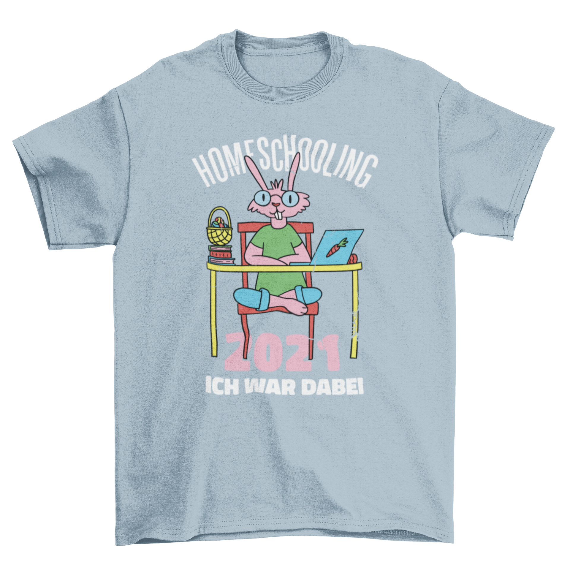 A cute t-shirt featuring a bunny in an online class setting, perfect for kids.