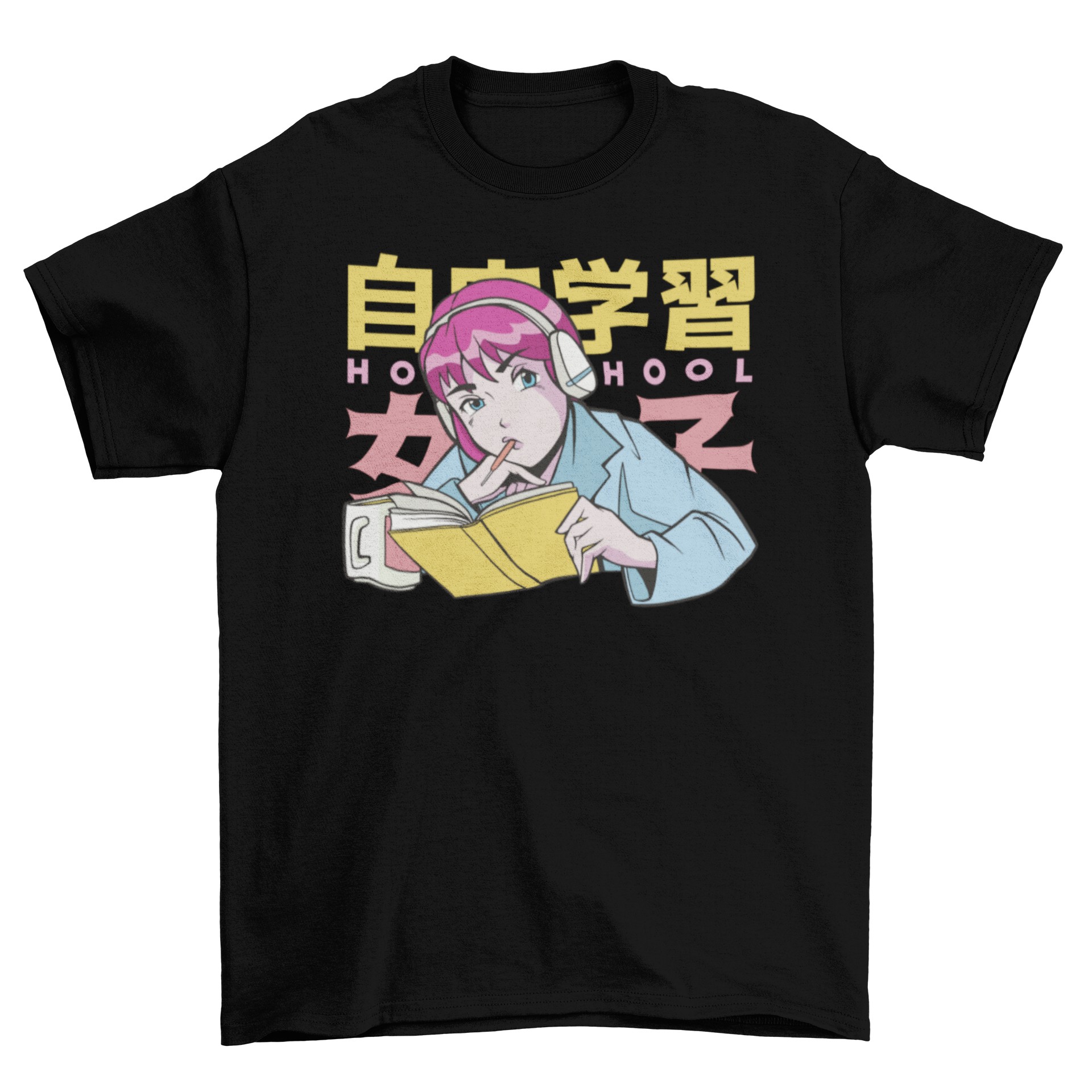 A stylish t-shirt featuring an anime girl studying with the quote 'Homeschool', perfect for anime fans and students.