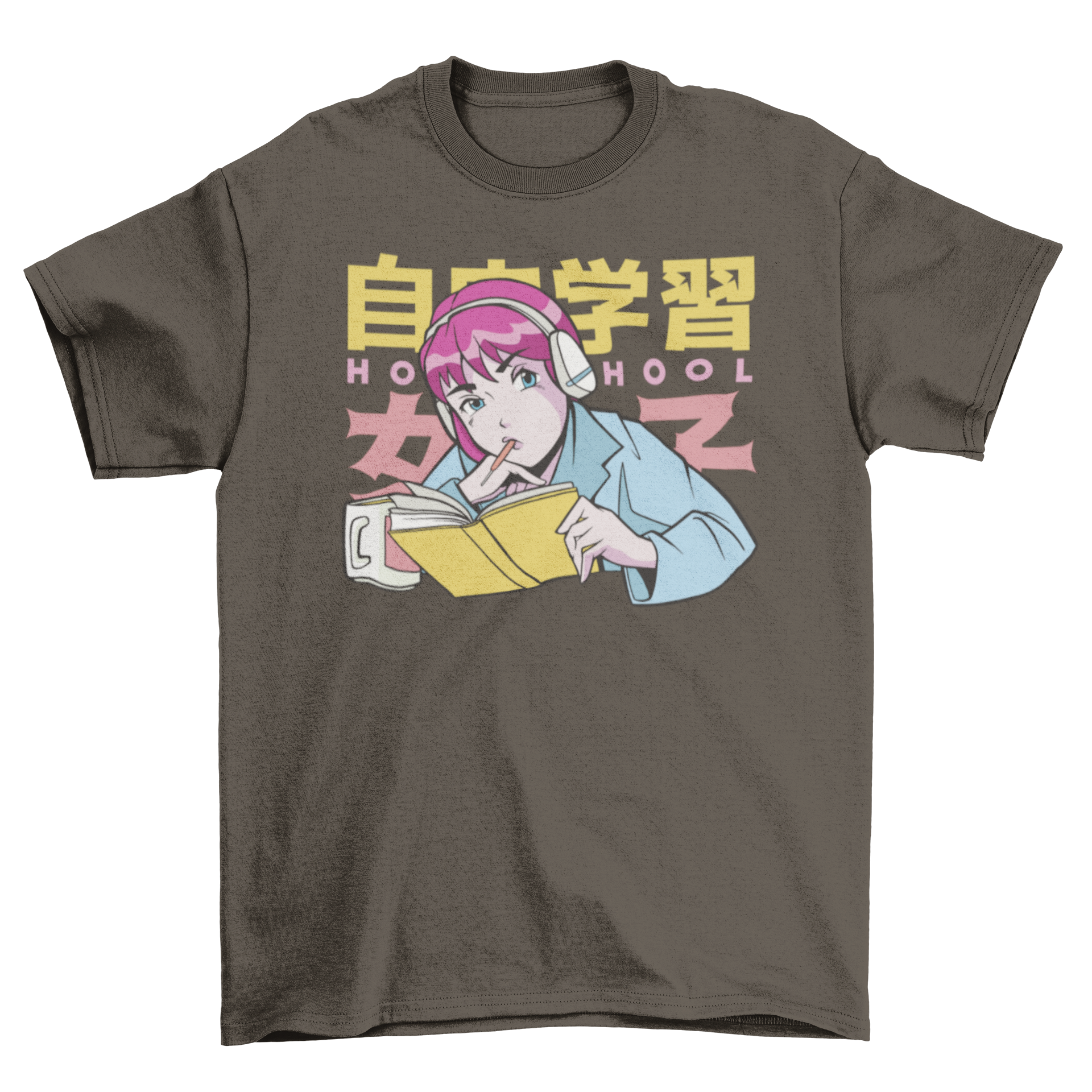 A stylish t-shirt featuring an anime girl studying with the quote 'Homeschool', perfect for anime fans and students.