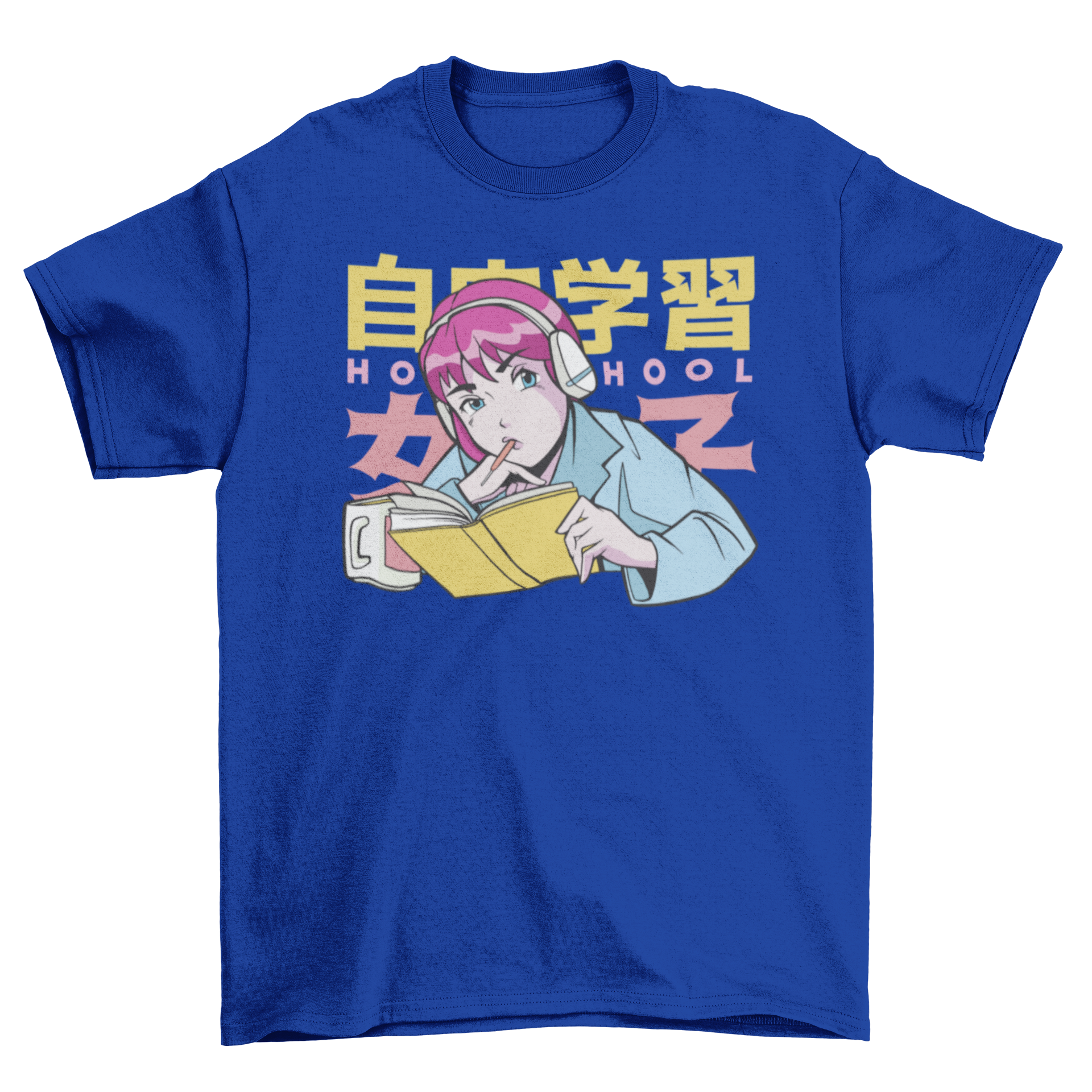 A stylish t-shirt featuring an anime girl studying with the quote 'Homeschool', perfect for anime fans and students.