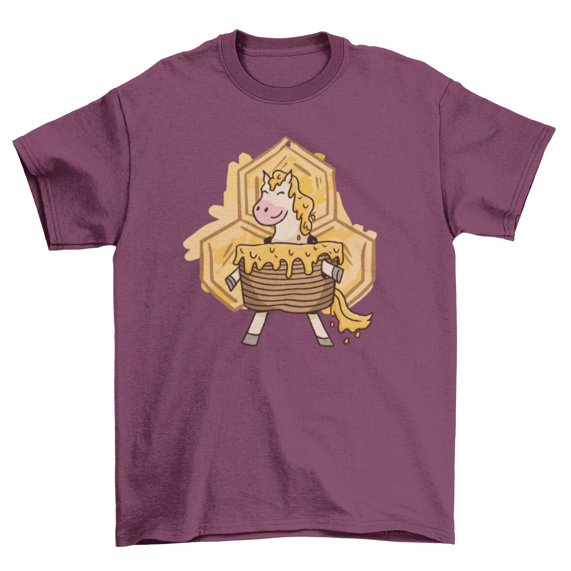 A whimsical t-shirt featuring a horse inside a honey cake design, perfect for horse lovers.