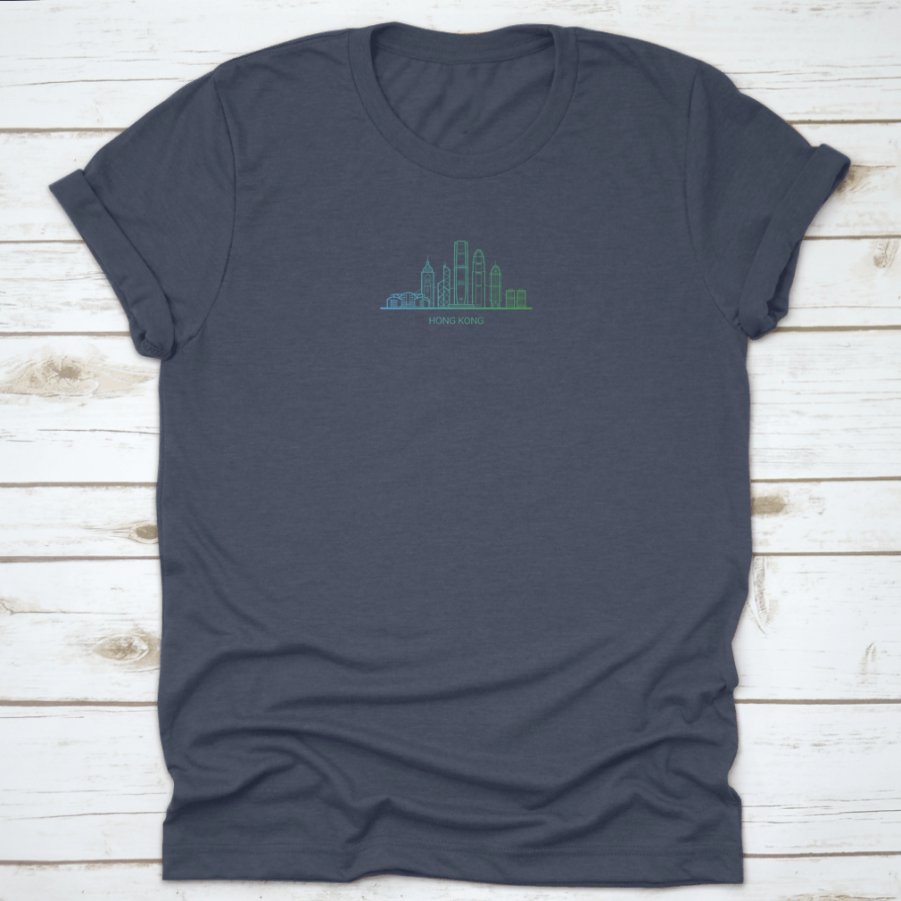 A stylish cotton t-shirt featuring a colorful gradient line art of Hong Kong's skyline, showcasing iconic buildings.