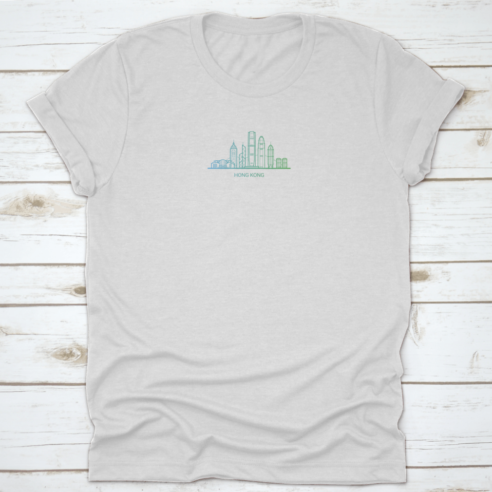 A stylish cotton t-shirt featuring a colorful gradient line art of Hong Kong's skyline, showcasing iconic buildings.