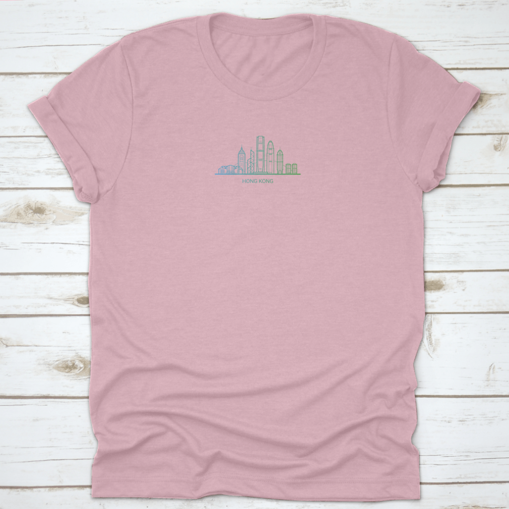 A stylish cotton t-shirt featuring a colorful gradient line art of Hong Kong's skyline, showcasing iconic buildings.