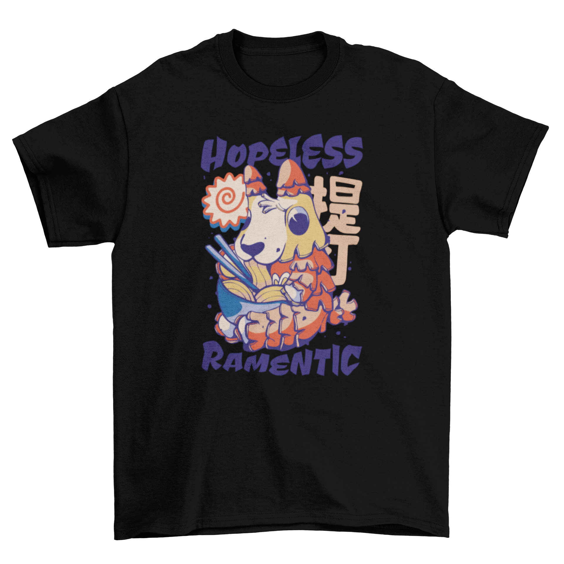 A humorous t-shirt featuring a llama eating ramen with the quote 'Hopeless Ramentic'.