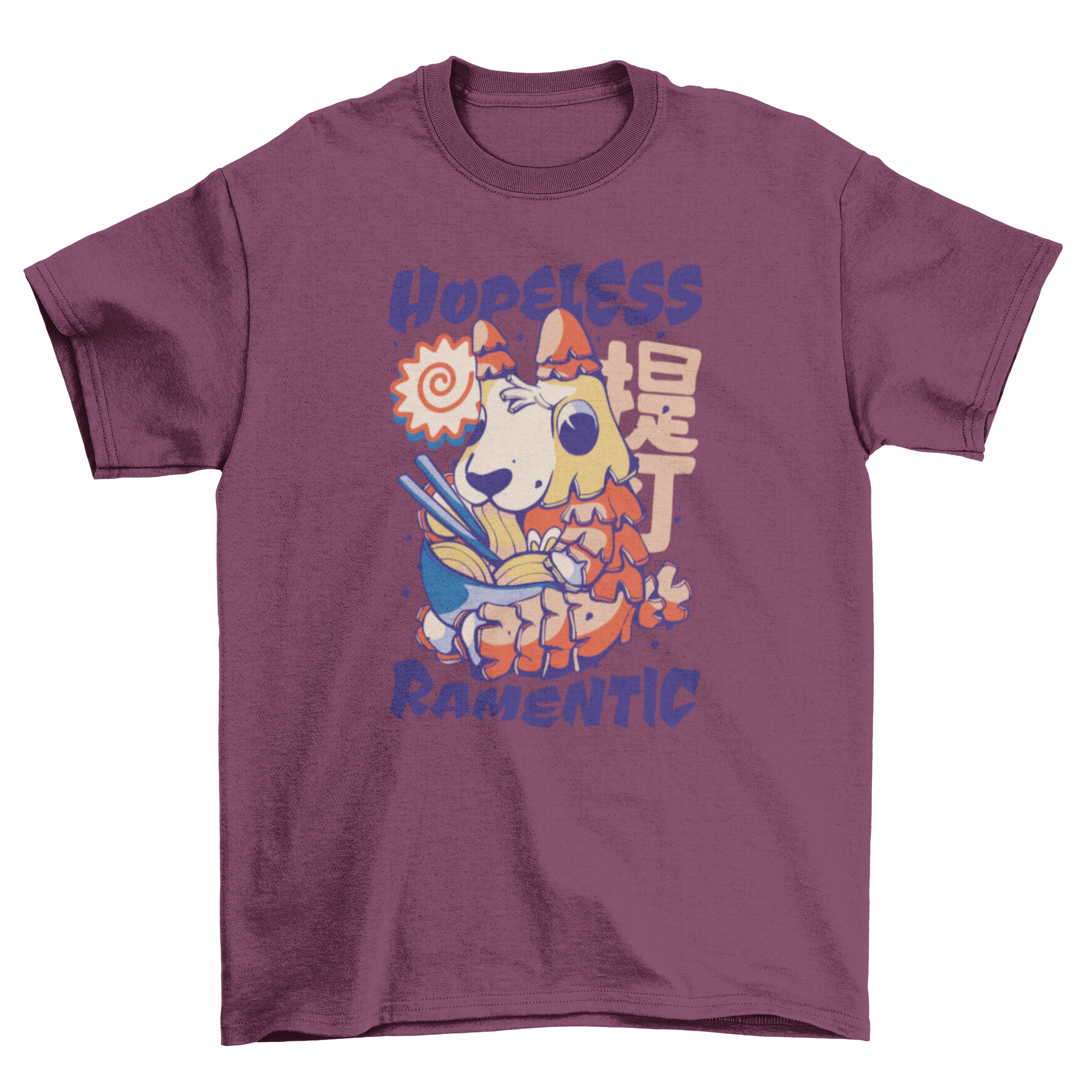 A humorous t-shirt featuring a llama eating ramen with the quote 'Hopeless Ramentic'.