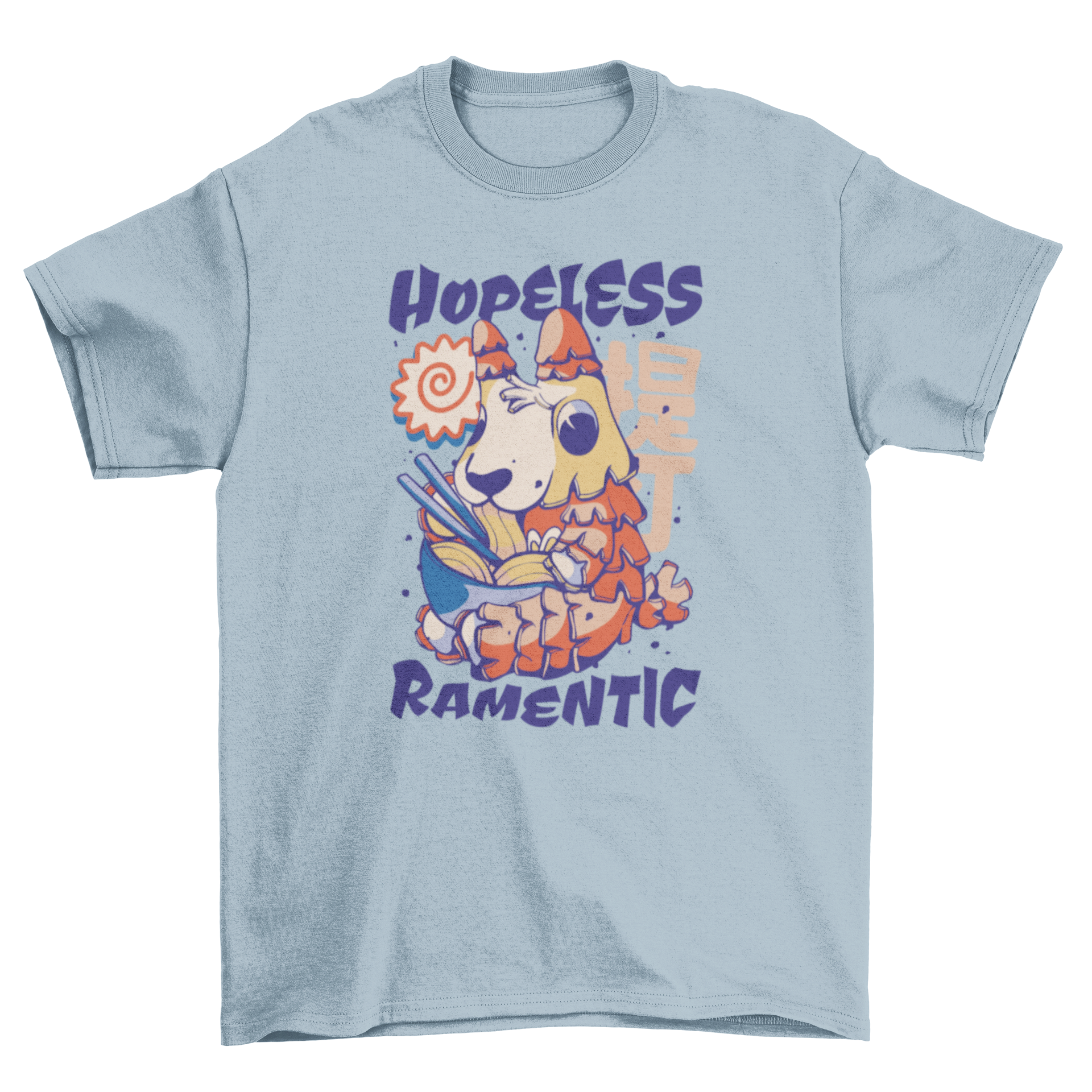 A humorous t-shirt featuring a llama eating ramen with the quote 'Hopeless Ramentic'.