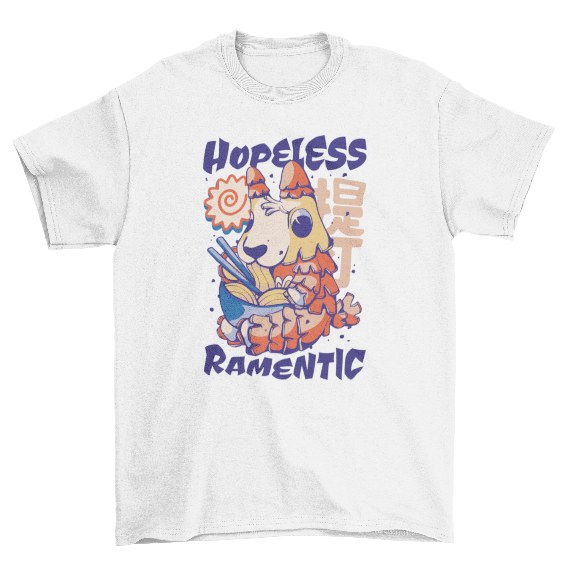 A humorous t-shirt featuring a llama eating ramen with the quote 'Hopeless Ramentic'.