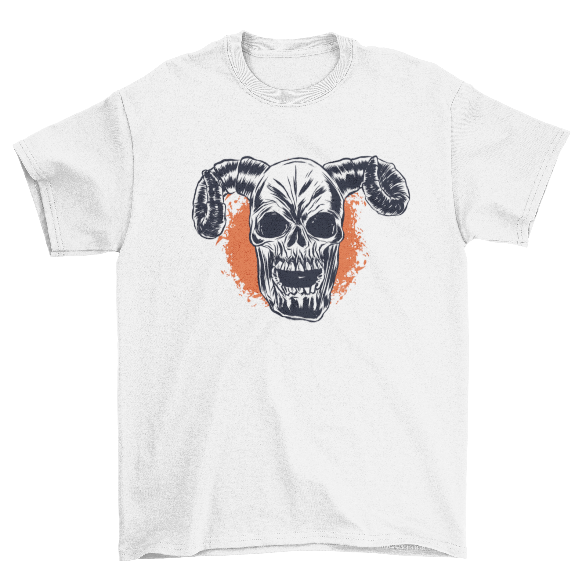 Horned Skull T-shirt featuring a dark horned skull illustration with a demoniac expression, perfect for edgy fashion enthusiasts.