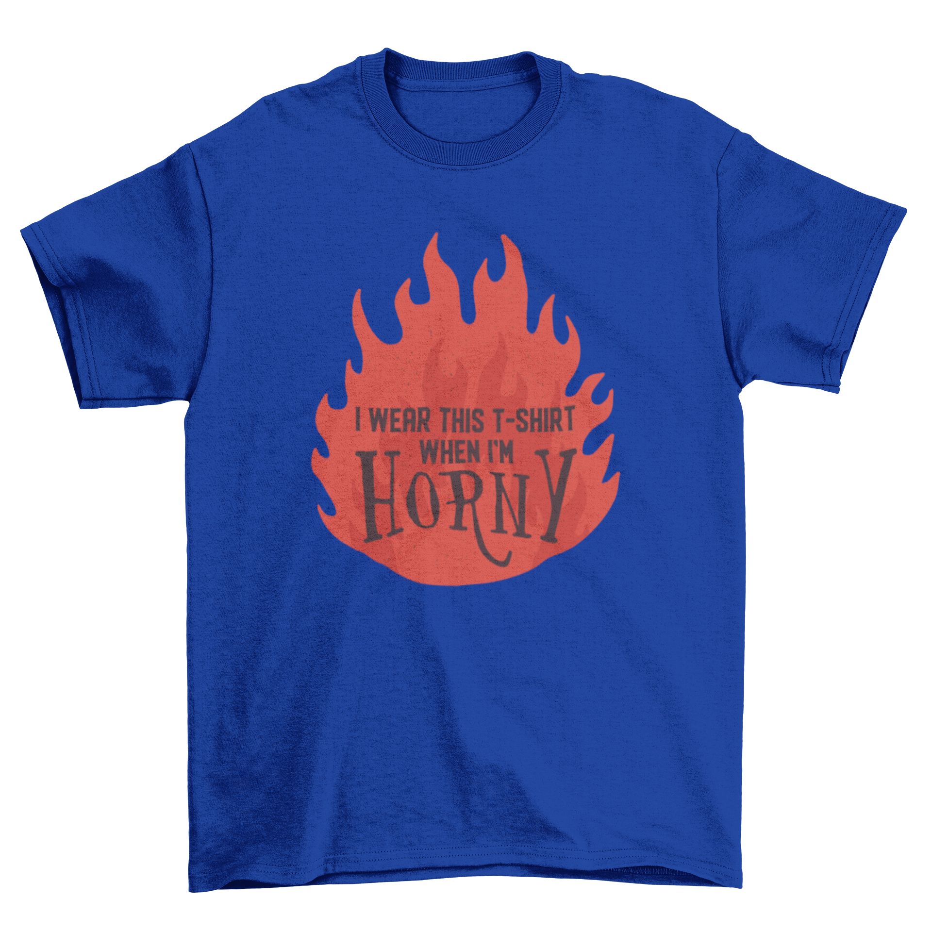 A playful t-shirt featuring the quote 'I wear this t-shirt when I'm horny' in bold letters.