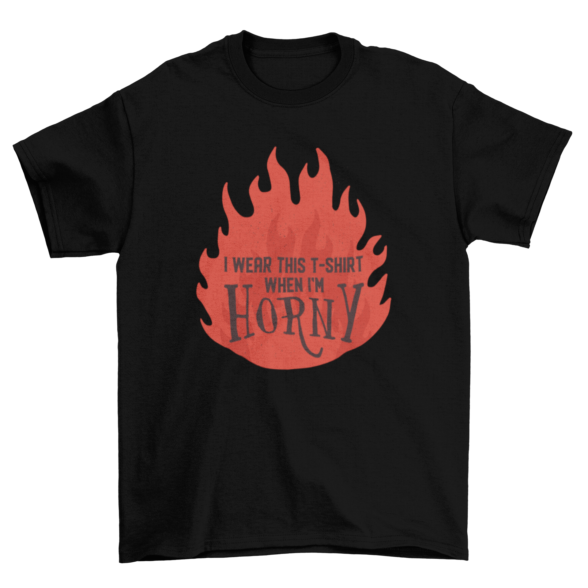 A playful t-shirt featuring the quote 'I wear this t-shirt when I'm horny' in bold letters.