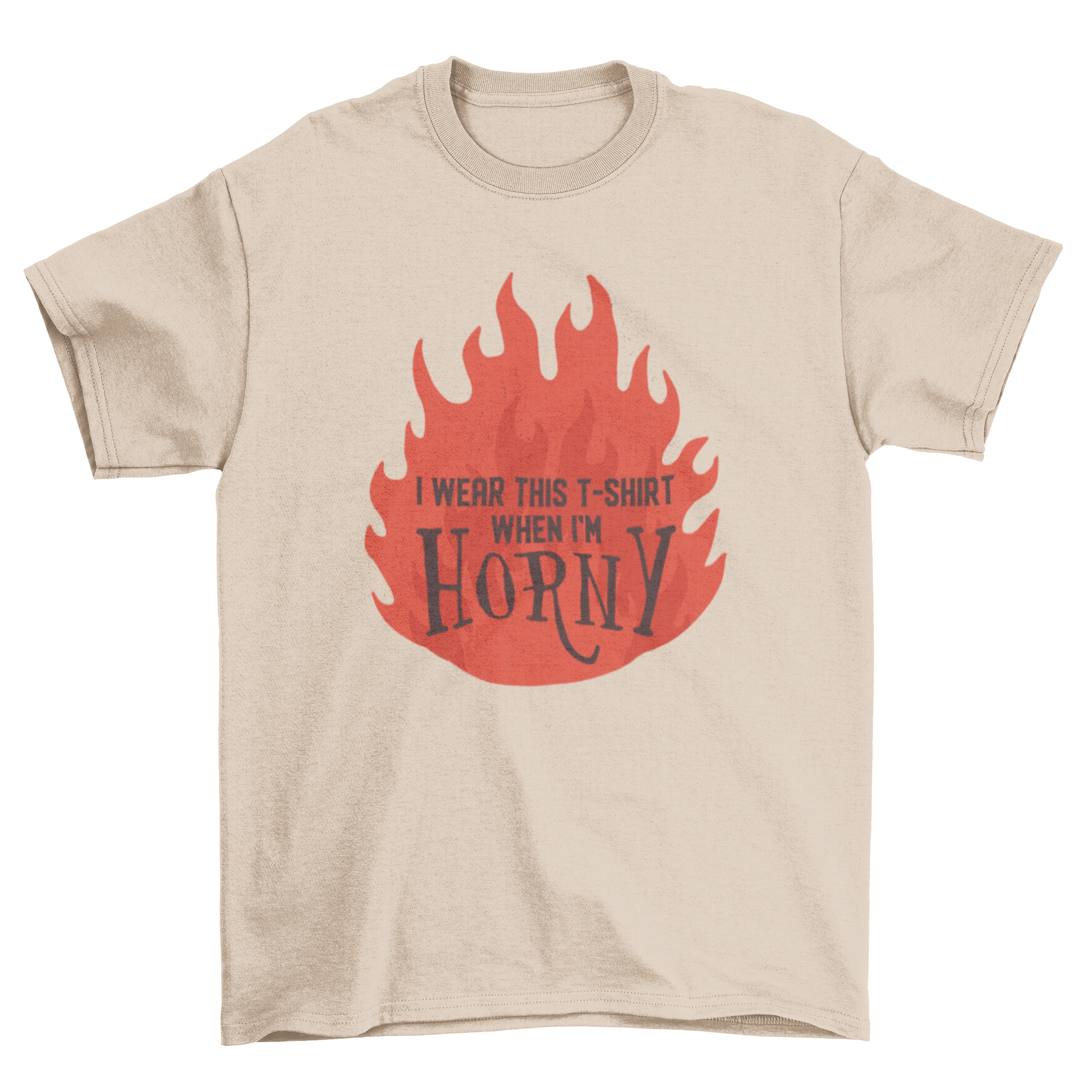 A playful t-shirt featuring the quote 'I wear this t-shirt when I'm horny' in bold letters.