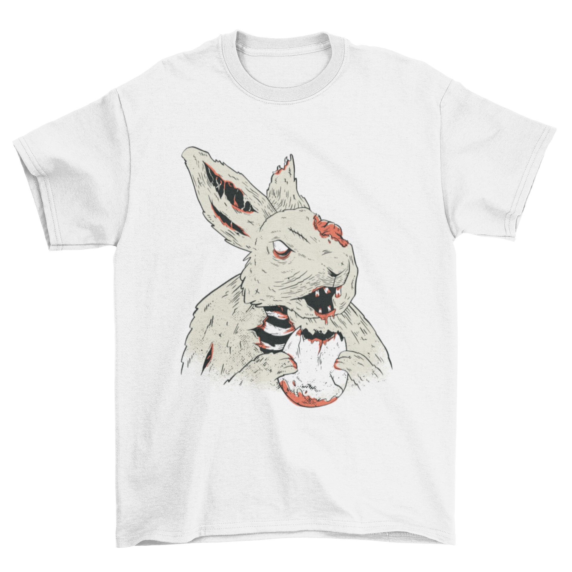 A creepy t-shirt featuring a chilling illustration of a dead bunny, perfect for horror fans.