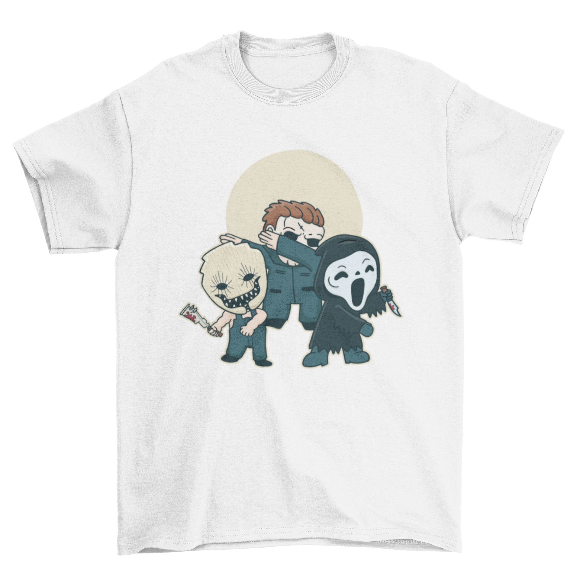 A vibrant t-shirt featuring cartoon-style horror characters like vampires and zombies, perfect for horror fans.