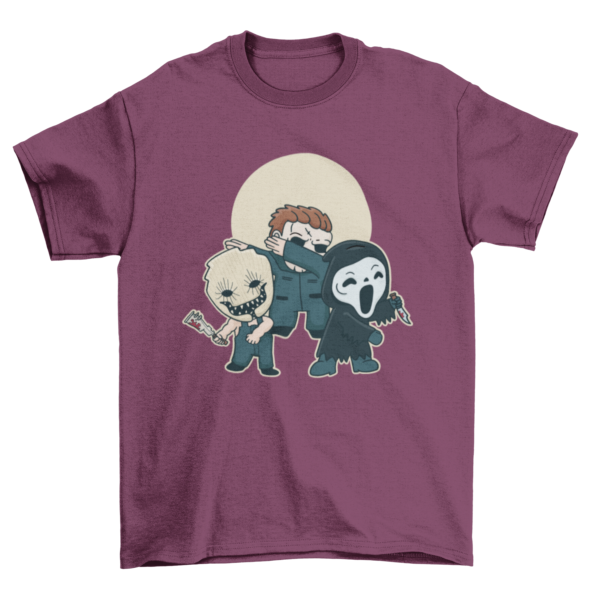 A vibrant t-shirt featuring cartoon-style horror characters like vampires and zombies, perfect for horror fans.