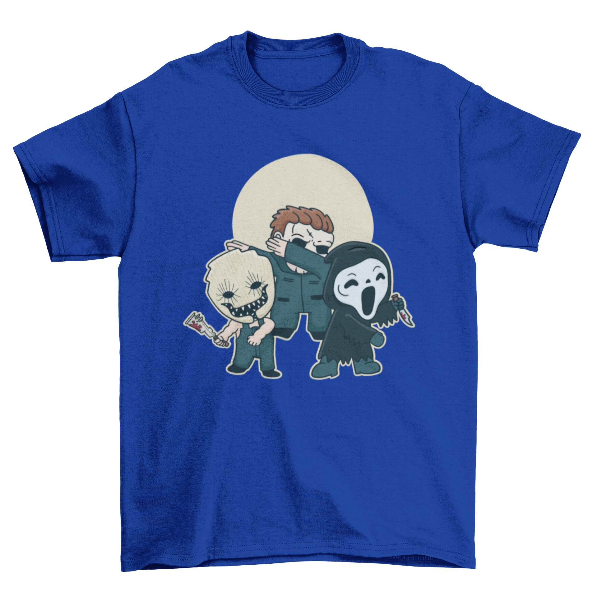 A vibrant t-shirt featuring cartoon-style horror characters like vampires and zombies, perfect for horror fans.