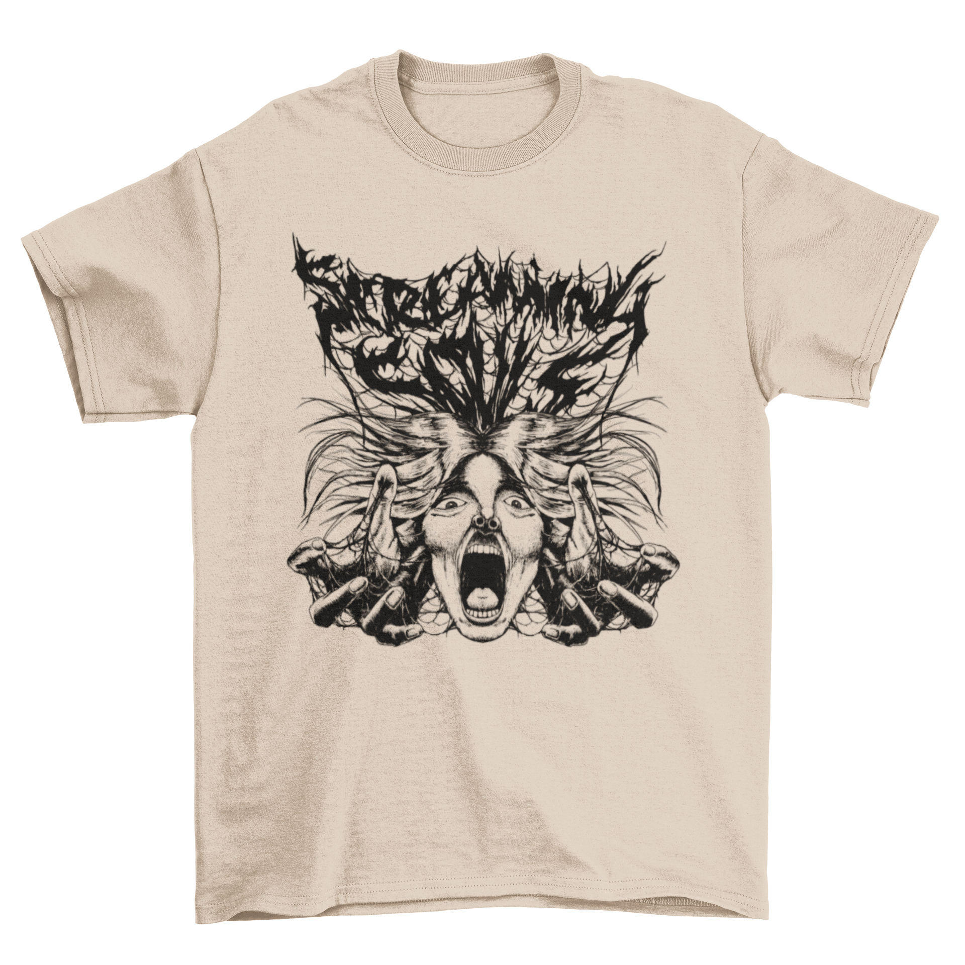 A horror-themed Halloween t-shirt featuring a hand-drawn design of a woman screaming, perfect for spooky celebrations.