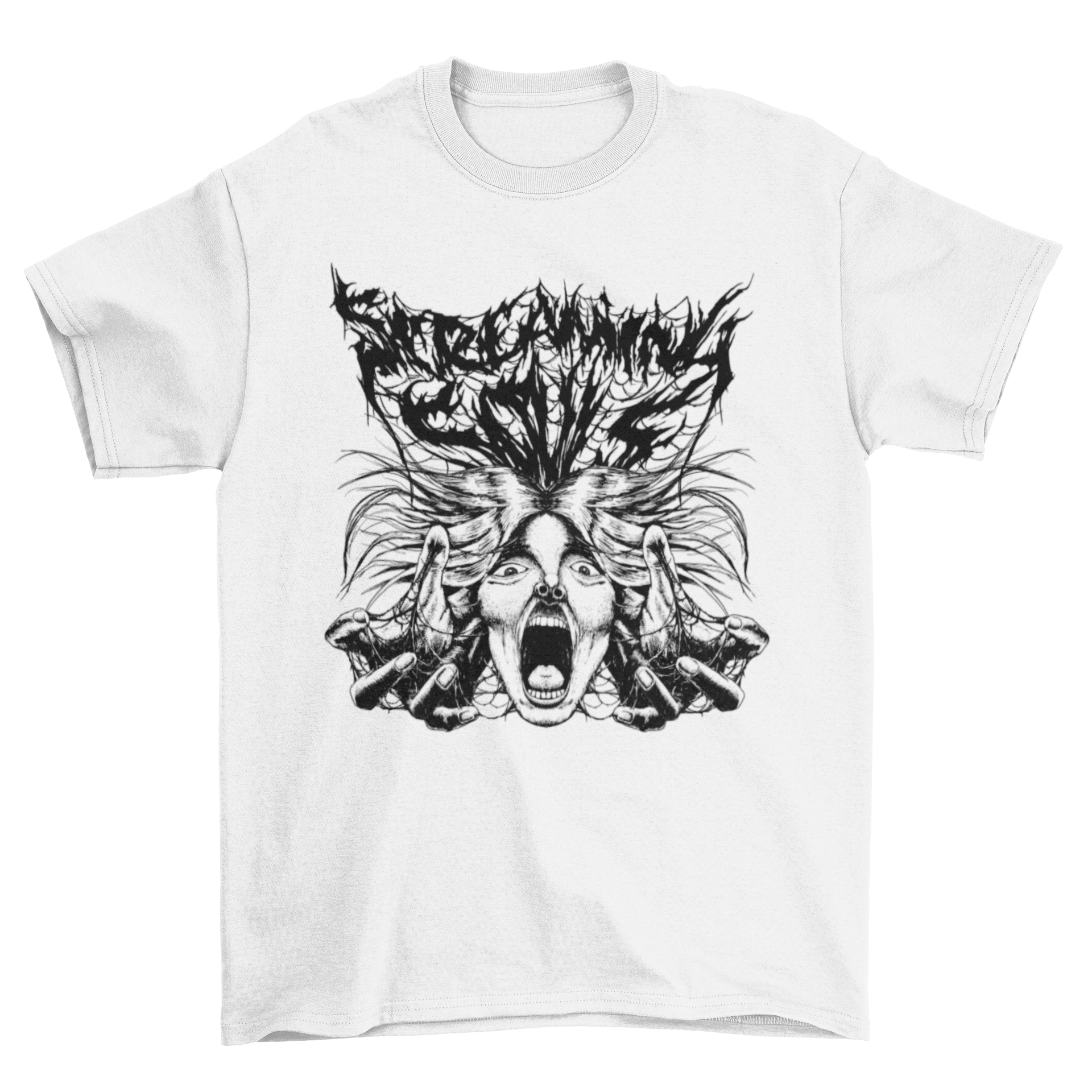 A horror-themed Halloween t-shirt featuring a hand-drawn design of a woman screaming, perfect for spooky celebrations.