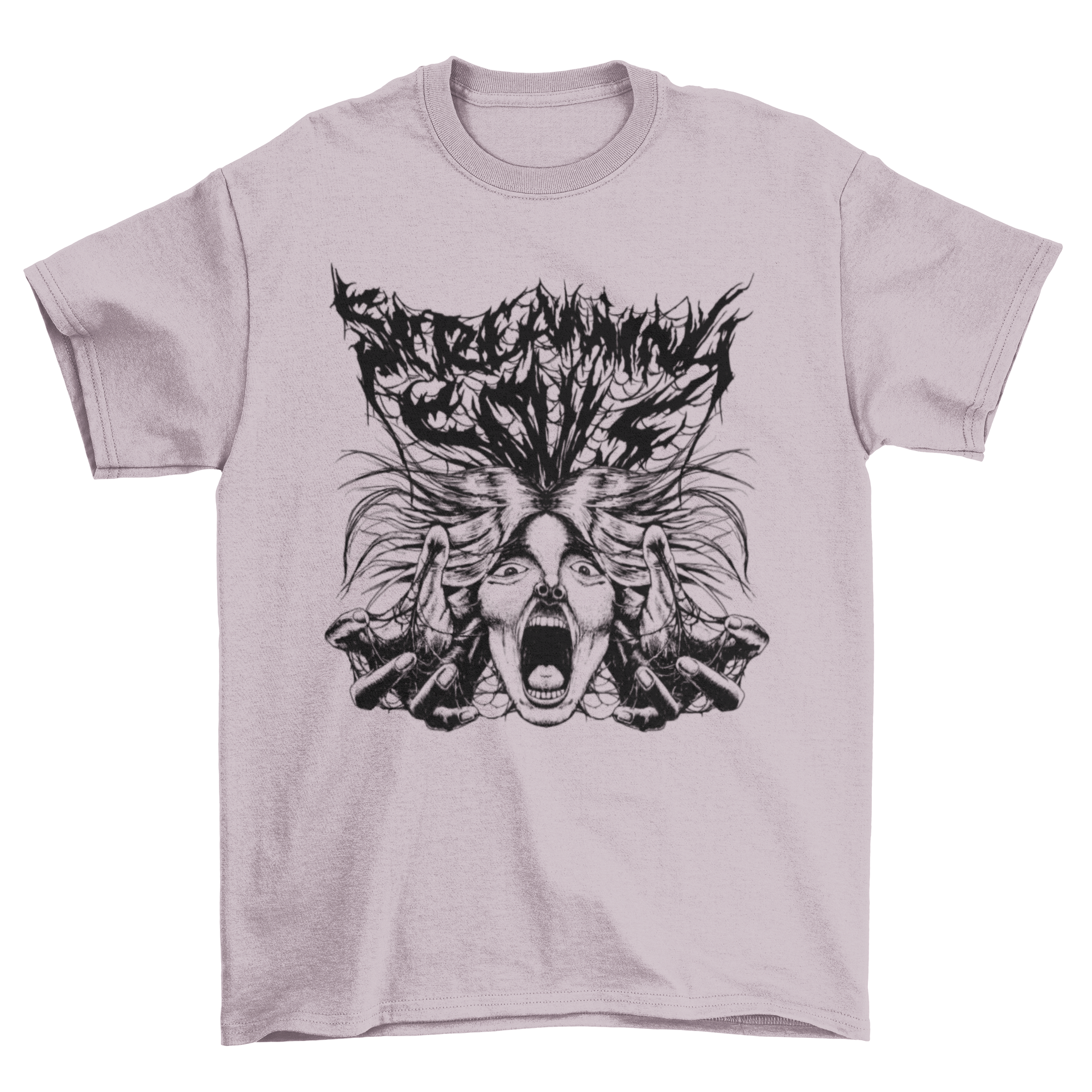 A horror-themed Halloween t-shirt featuring a hand-drawn design of a woman screaming, perfect for spooky celebrations.