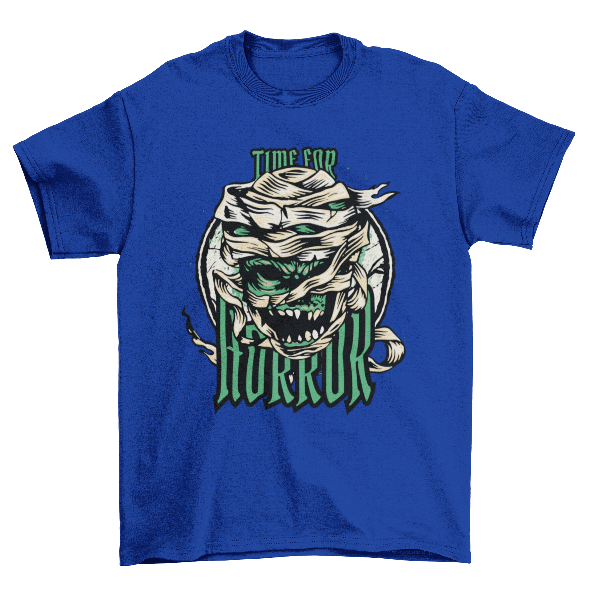 A spooky Horror Halloween mummy t-shirt featuring a mummy monster and the quote 'Time for horror'.