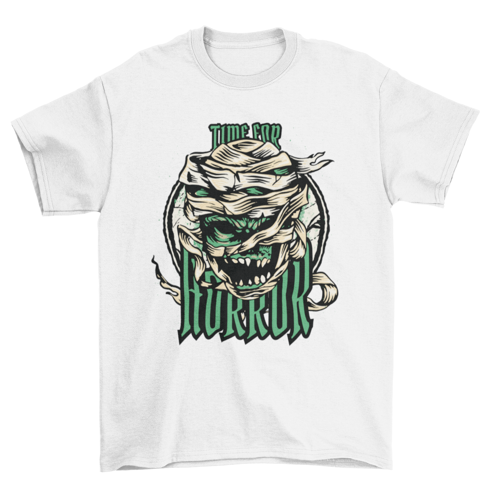 A spooky Horror Halloween mummy t-shirt featuring a mummy monster and the quote 'Time for horror'.