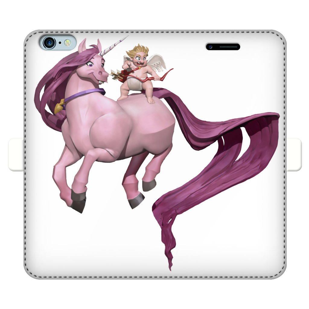 Horse and Baby Cupid Fully Printed Wallet Case showcasing vibrant UV-printed design on white faux leather with a black interior.