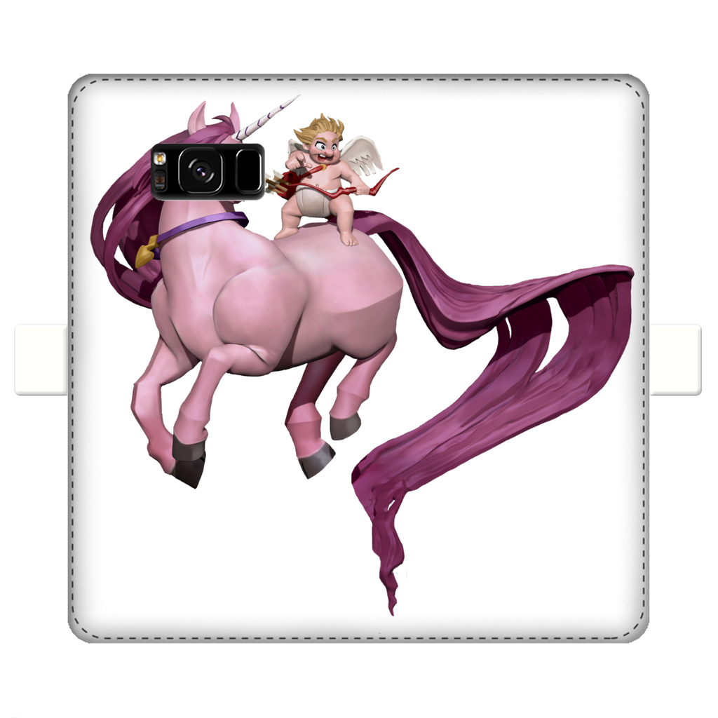 Horse and Baby Cupid Fully Printed Wallet Case showcasing vibrant UV-printed design on white faux leather with a black interior.