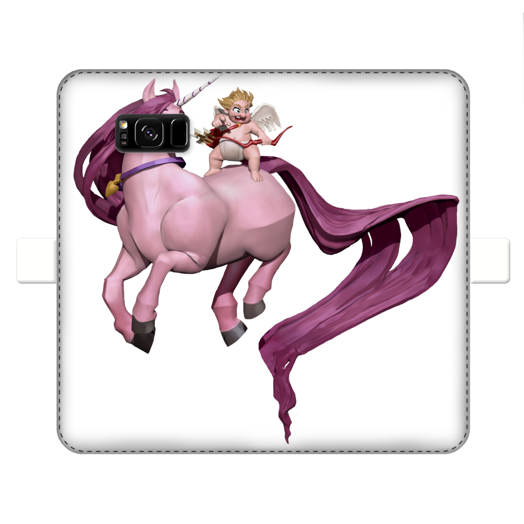 Horse and Baby Cupid Fully Printed Wallet Case showcasing vibrant UV-printed design on white faux leather with a black interior.