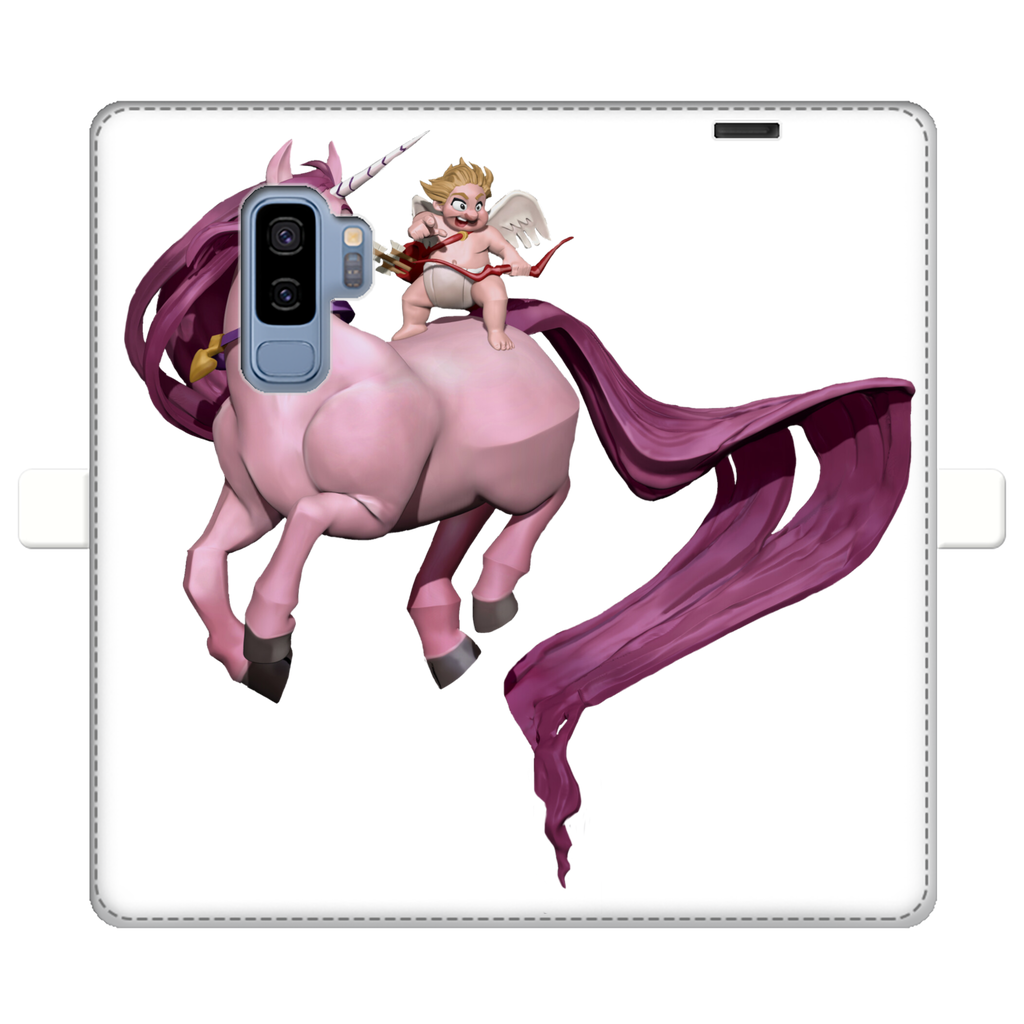 Horse and Baby Cupid Fully Printed Wallet Case showcasing vibrant UV-printed design on white faux leather with a black interior.