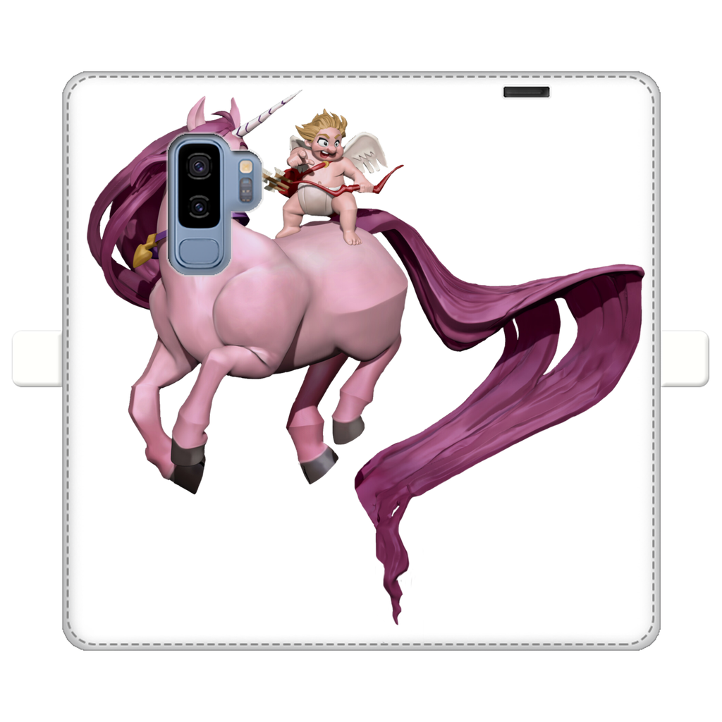 Horse and Baby Cupid Fully Printed Wallet Case showcasing vibrant UV-printed design on white faux leather with a black interior.