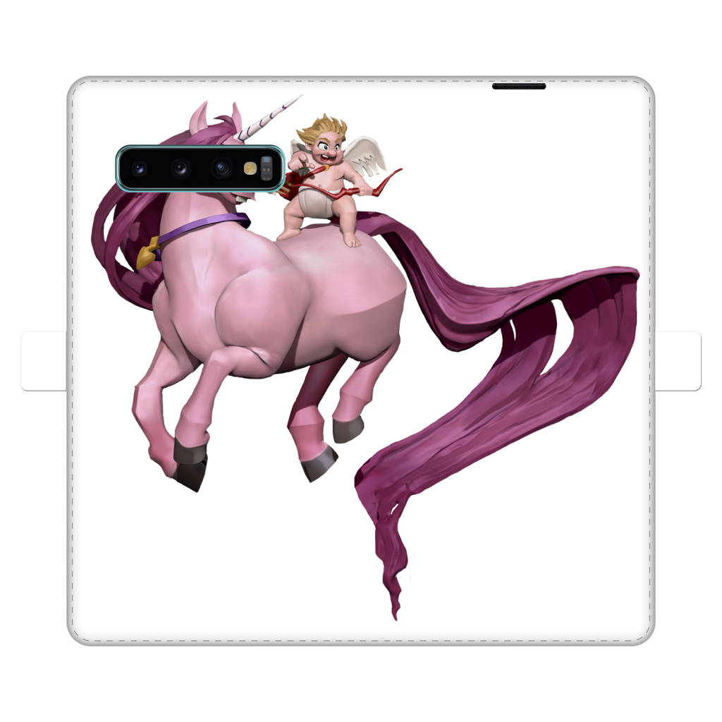 Horse and Baby Cupid Fully Printed Wallet Case showcasing vibrant UV-printed design on white faux leather with a black interior.