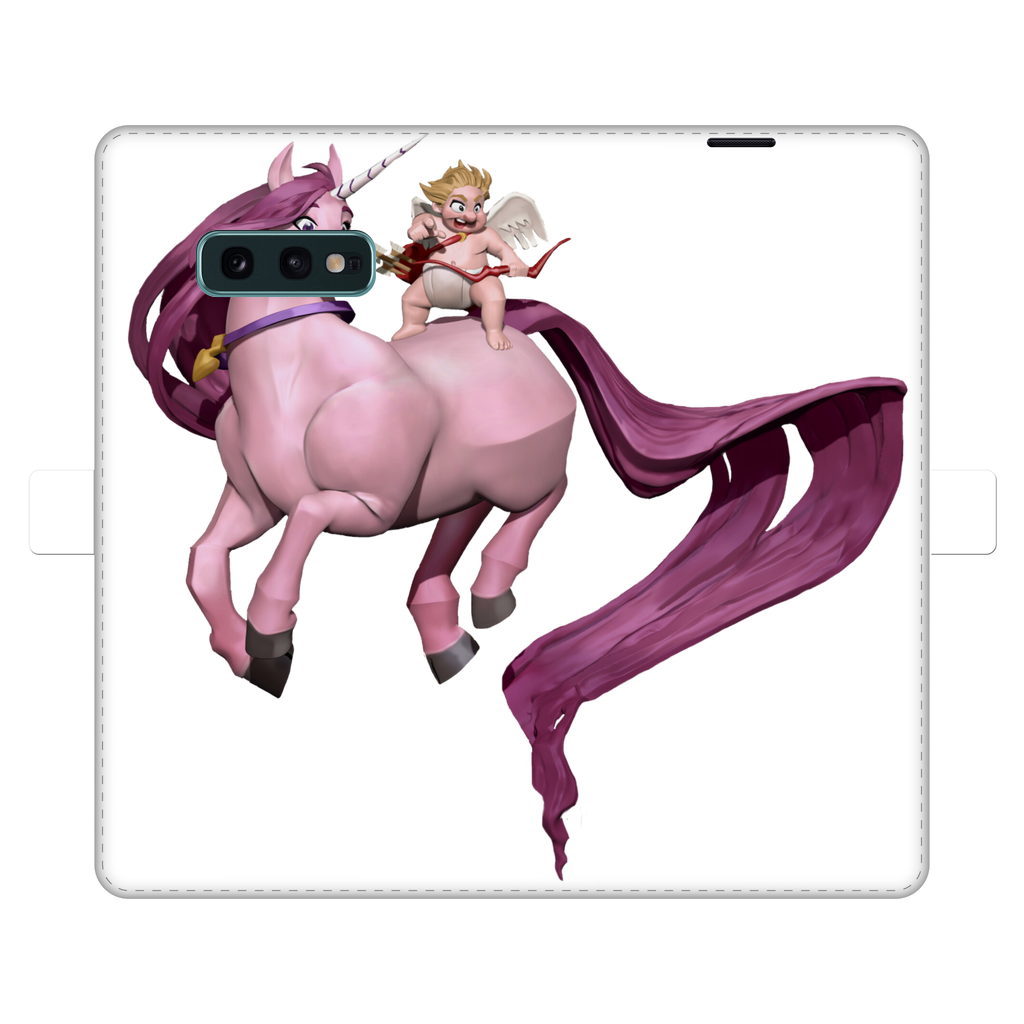 Horse and Baby Cupid Fully Printed Wallet Case showcasing vibrant UV-printed design on white faux leather with a black interior.