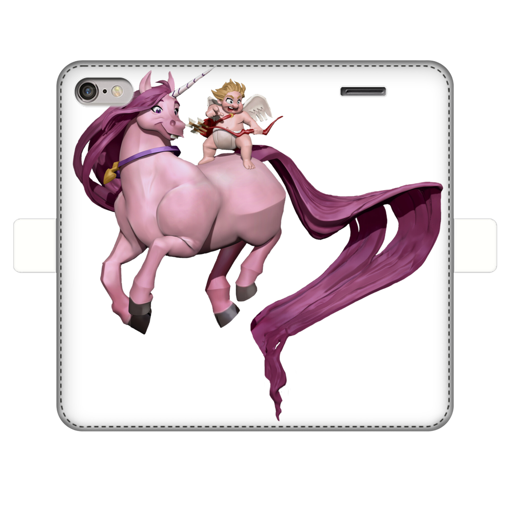 Horse and Baby Cupid Fully Printed Wallet Case showcasing vibrant UV-printed design on white faux leather with a black interior.