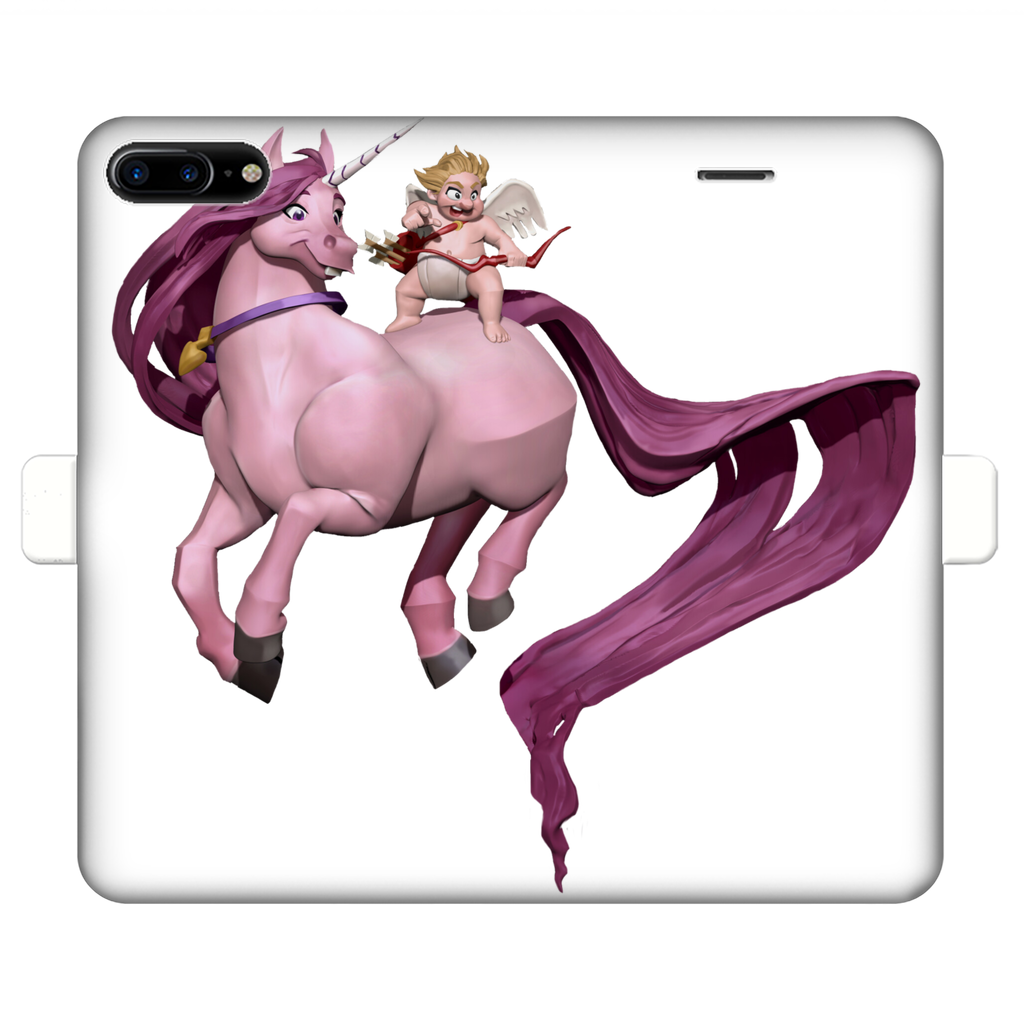 Horse and Baby Cupid Fully Printed Wallet Case showcasing vibrant UV-printed design on white faux leather with a black interior.