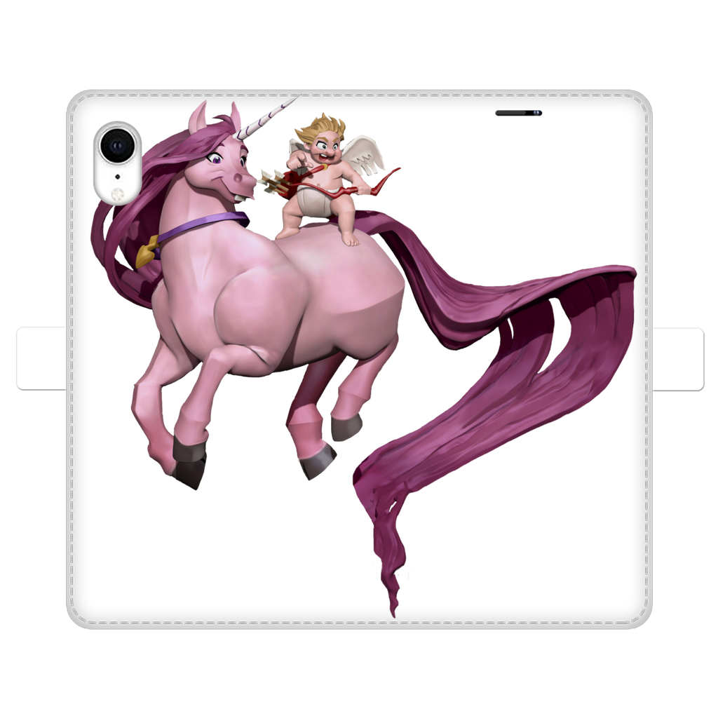 Horse and Baby Cupid Fully Printed Wallet Case showcasing vibrant UV-printed design on white faux leather with a black interior.