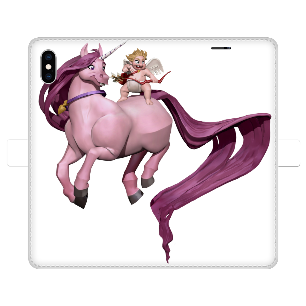 Horse and Baby Cupid Fully Printed Wallet Case showcasing vibrant UV-printed design on white faux leather with a black interior.